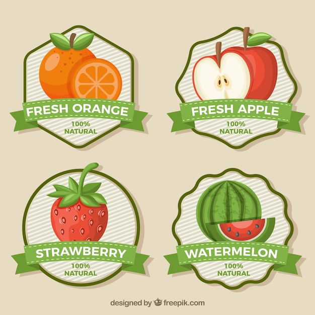 Flat collection of fruit juice stickers