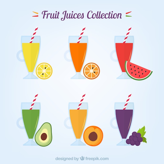 Flat collection of glasses with tasty fruit\
juices