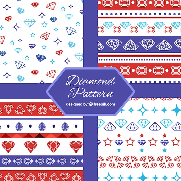 Flat collection of patterns with colored diamonds Free Vector