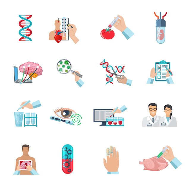 Flat color scientific icons set of biotechnology genetic engineering and nanotechnology isolated vector illustration Free Vector