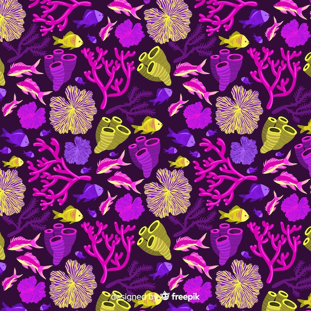 Flat colorful coral and fishes pattern pack Free Vector