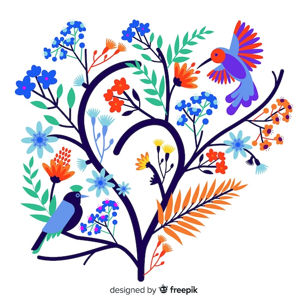 Flat colorful floral branch with bird Free Vector