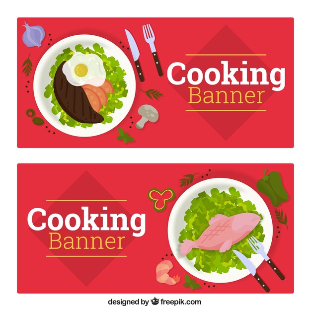 Flat cooking banners with healthy food