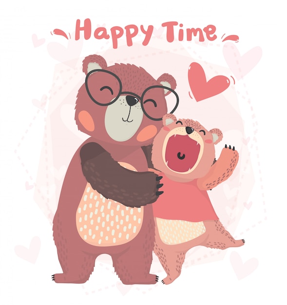フラットかわいい幸せなパパと子供秋テディベア笑顔 幸せな時間 バレンタインカードと抱擁 プレミアムベクター