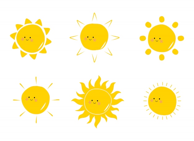 フラットかわいい太陽コレクション手描き落書きのイラスト かわいい太陽漫画 プレミアムベクター