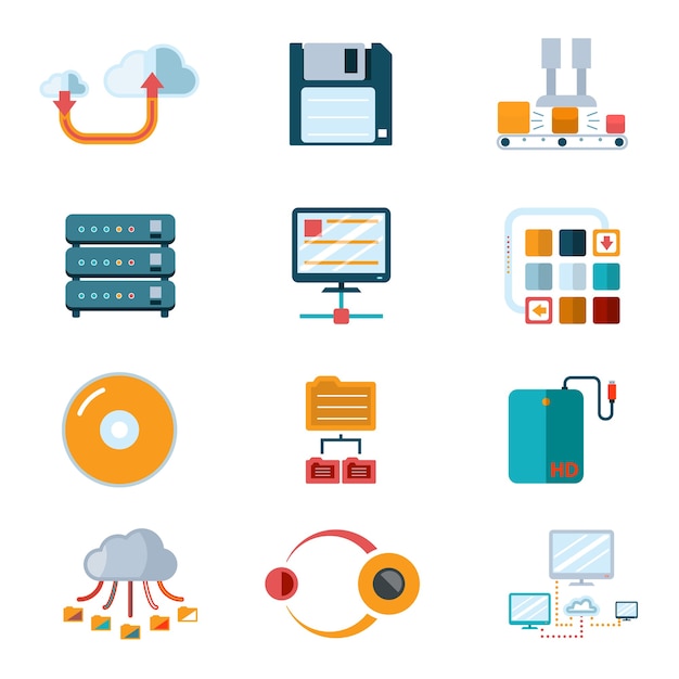 Flat data icons. colorful symbols, database processing, broadcast information. vector illustration Free Vector