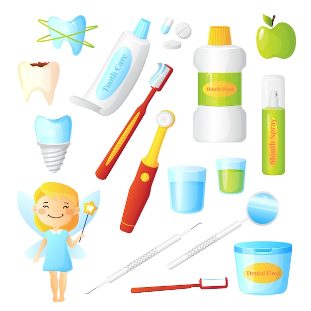 Flat dentist set for dental care hygiene and healthy teeth with tooth fairy and equipment Free Vector
