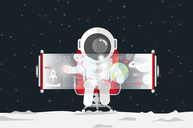 Flat design, astronaut touching control on virtual screen while sitting on red office chair Premium Vector