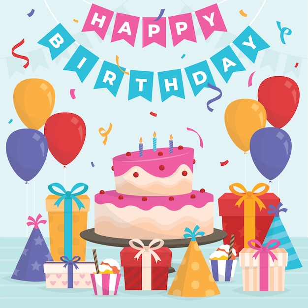 ケーキとプレゼントとフラットなデザインの誕生日のイラスト 無料のベクター