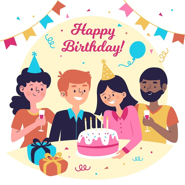 人とケーキとフラットなデザインの誕生日のイラスト 無料のベクター