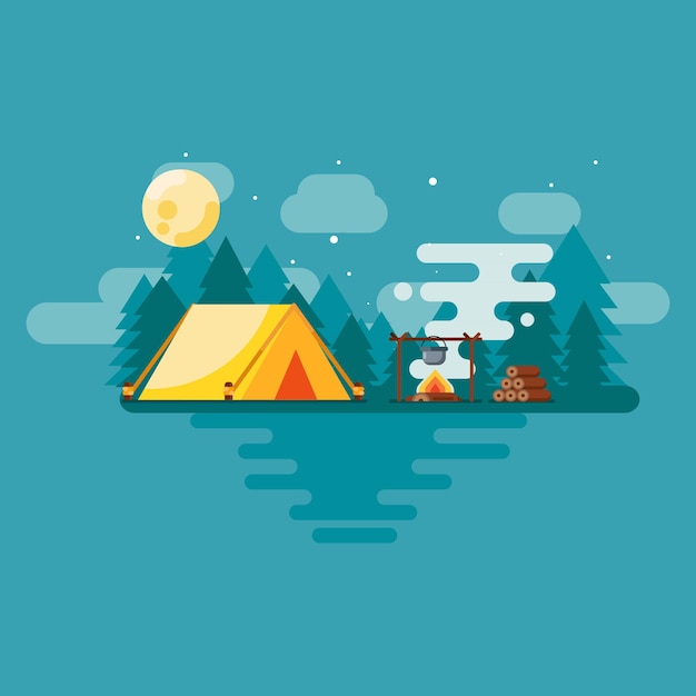 Premium Vector | Flat design camping area landscape with tents at night