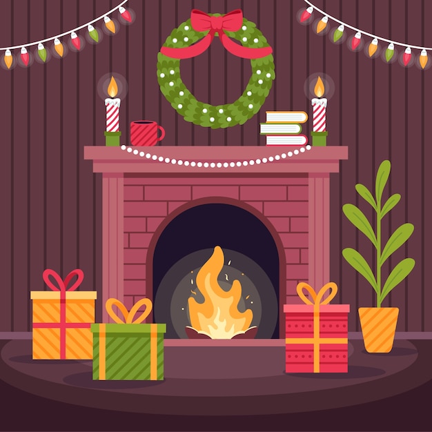 Free Vector | Flat design christmas fireplace scene