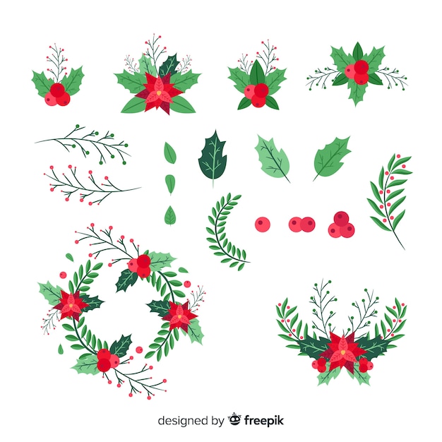 Flat design christmas flower & wreath set Vector | Free Download