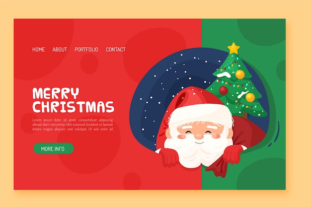 Flat design christmas landing page with santa and tree Free Vector