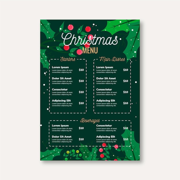Flat design Christmas menu template Free Vector - Green Holly Theme