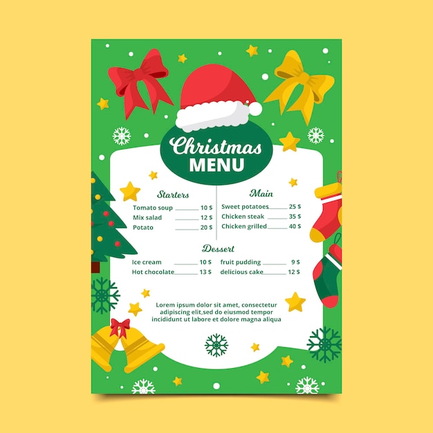 Christmas Menu template Free Vector - Christmas Bows and Stockings and Bells on Green Border