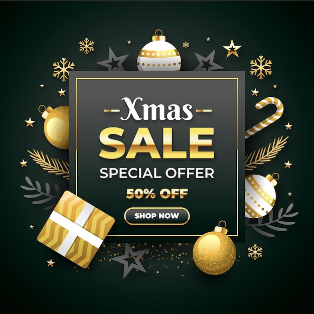 Free Vector  Flat design christmas sales promo with golden and grey decorations