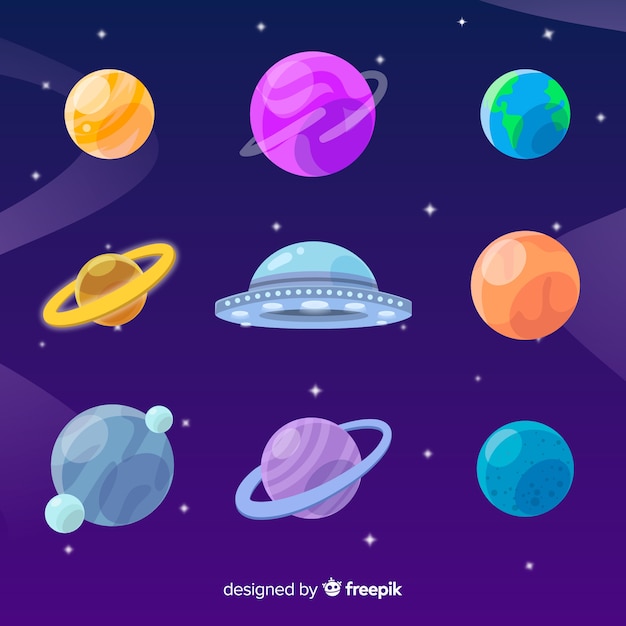Flat design collection of planets with ufo Free Vector