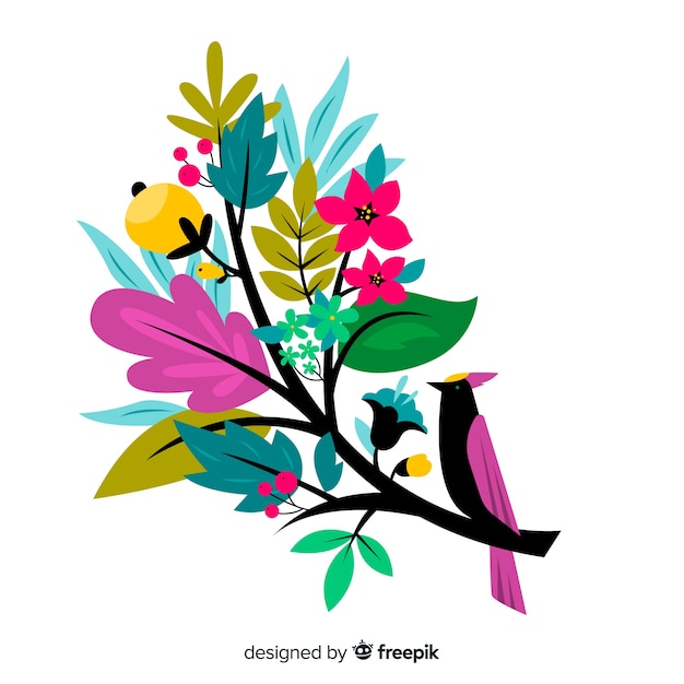 Flat design colorful floral branch with a bird Free Vector