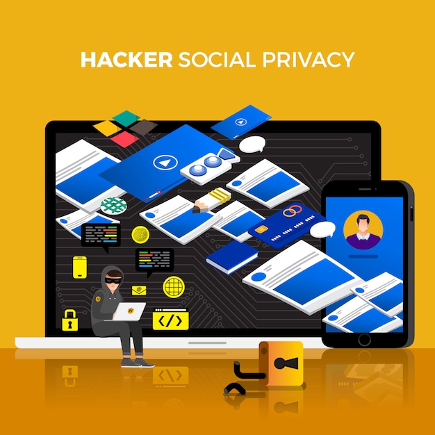 Flat design concept hacker activity cyber thief Premium Vector