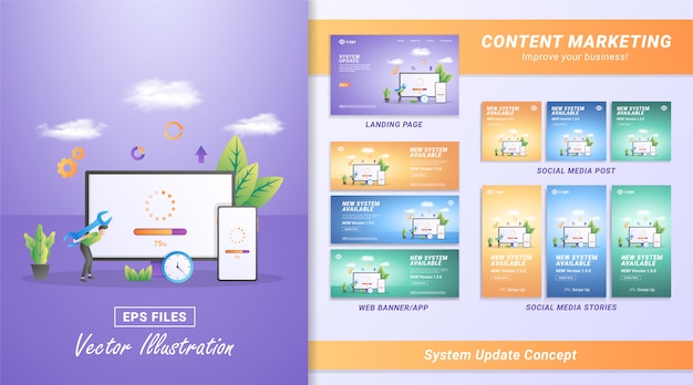 Flat design concept of updating system. the process of upgrading to system update, replacing newer versions and installing programs. Premium Vector