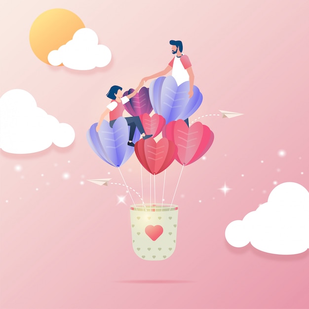 Premium Vector | Flat design of couple falling in love on a flying balloons