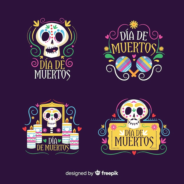 Flat design dia de muertos badge collection Free Vector