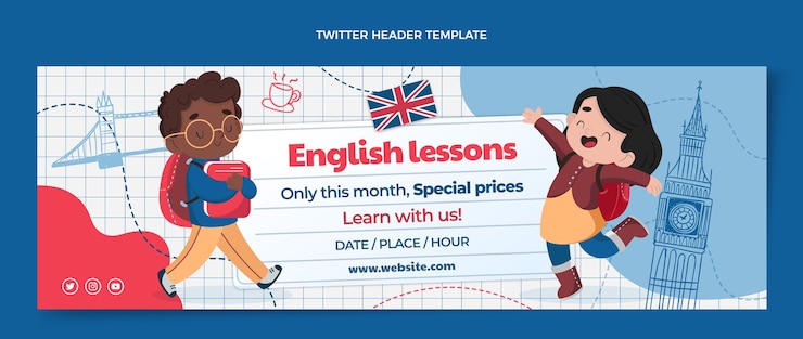 Free Vector | Flat design english lessons twitter header template