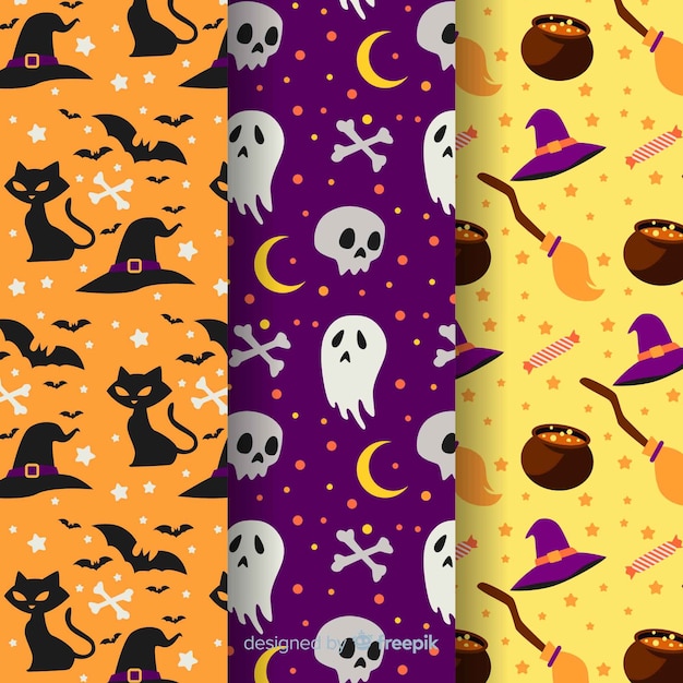 Flat design of halloween pattern collection Free Vector