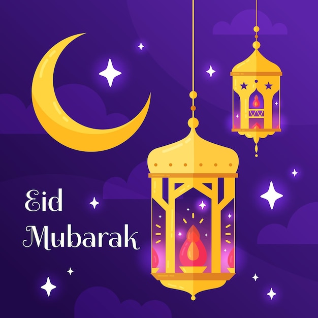 Free Vector | Flat design happy eid mubarak golden moon and fanoos