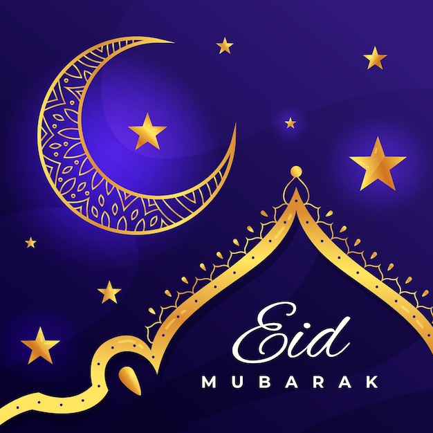 Free Vector | Flat design happy eid mubarak golden moon and stars