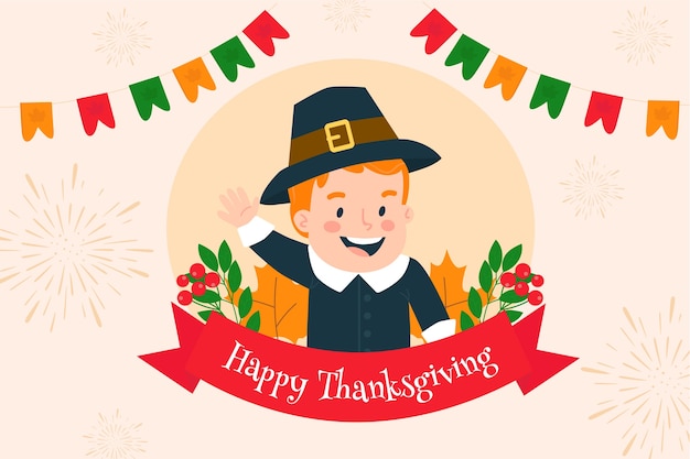 Premium Vector Flat Design Happy Thanksgiving Background With Kid