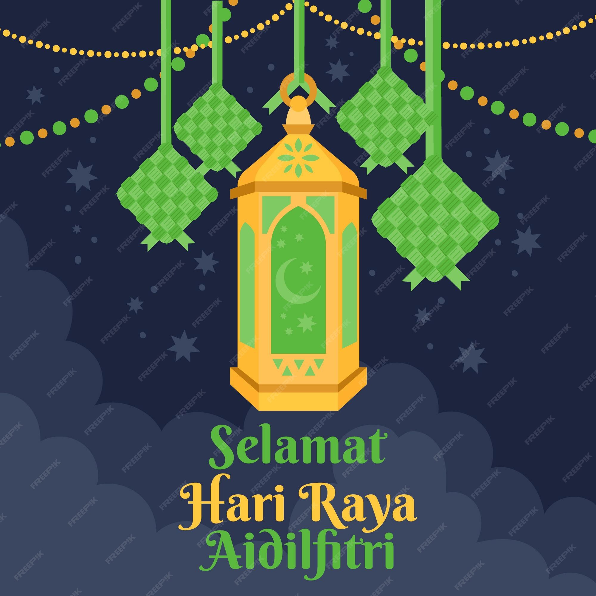 Premium Vector | Flat design hari raya aidalfitri green and golden lantern