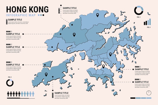 フラットデザイン香港地図インフォグラフィックテンプレート プレミアムベクター