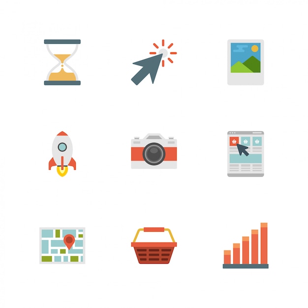 Flat design icons: camera, rocket, cursor, sand timer, map Premium Vector
