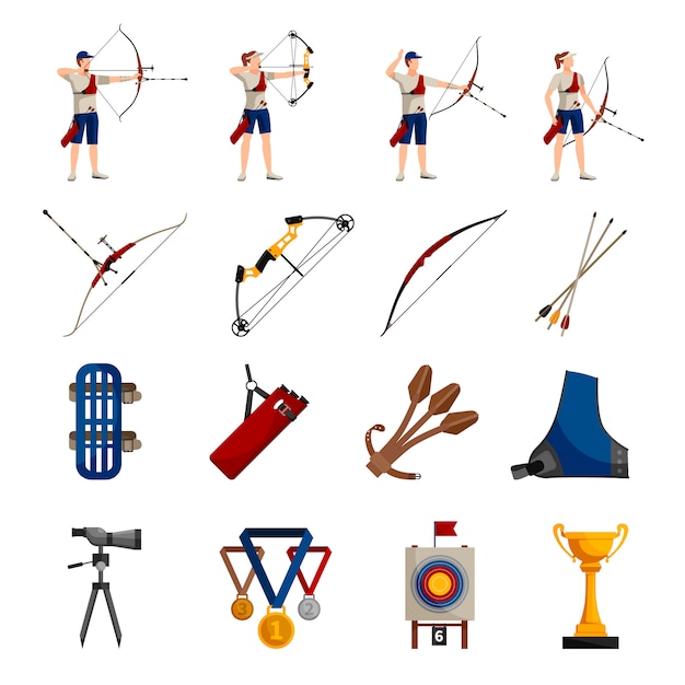 Flat design icons set with archery players different types of bows necessary equipment Free Vector