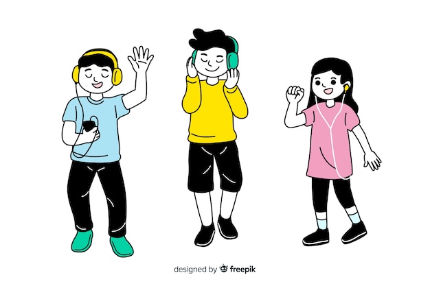 Design Piatto Stile Coreano Disegno Giovani Personaggi Ascoltando Musica Vettore Gratis