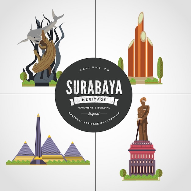 Flat Design Monument Of Surabaya East Java Indonesia Vol 1