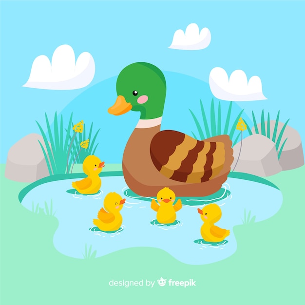 Download Free Vector | Flat design mother duck and her ducklings on ...