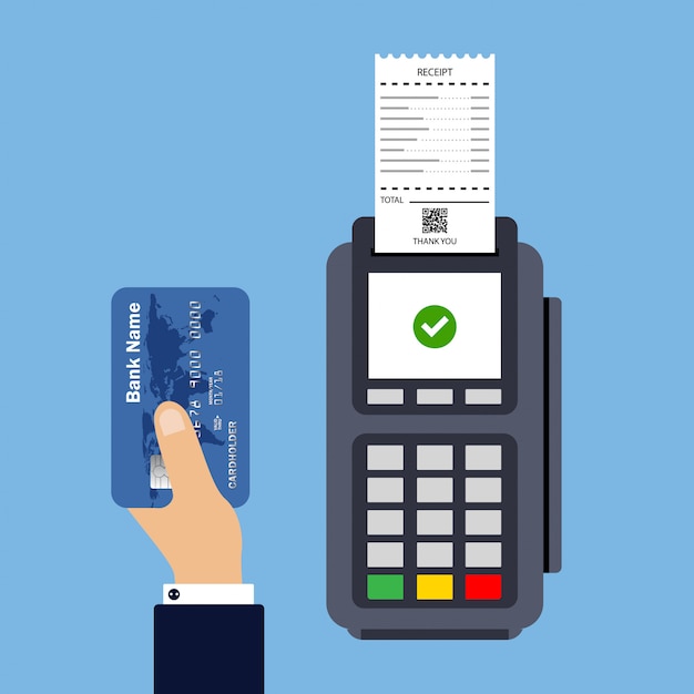 Flat design of pos terminal with receipt. payment by credit card ...