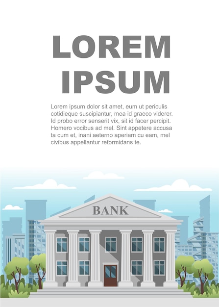 柱と窓のあるフラットなデザインのレトロな銀行の建物は 青い空と雲の背景とモダンな街の風景の良い晴れた日にイラストをベクトルします プレミアムベクター