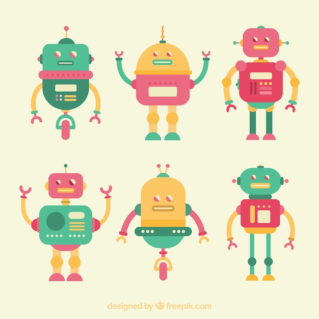 Flat design robot character collection Free Vector