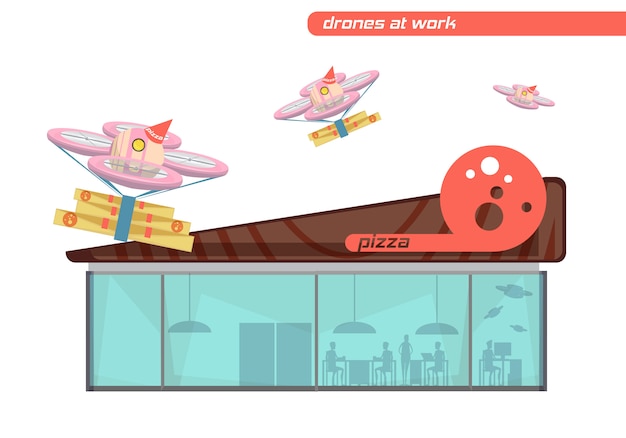 Flat design set of flying drones delivering pizza on white background Free Vector