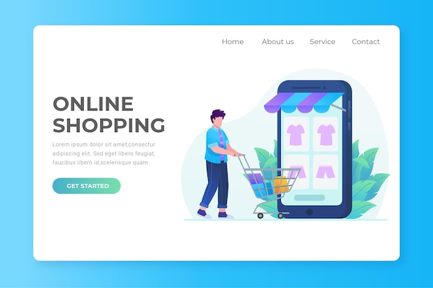 Premium Vector | Flat design shopping online landing page with man and cart