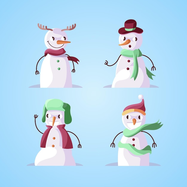フラットデザインの雪だるまキャラクターコレクション 無料のベクター