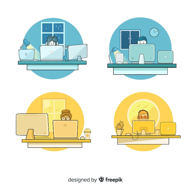 Flat design vector with programmers working behind screens Free Vector