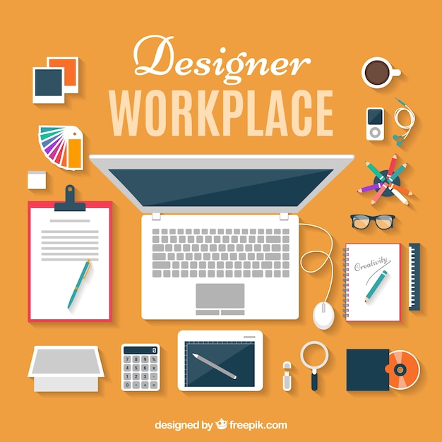Download Flat designer workplace in top view Vector | Free Download