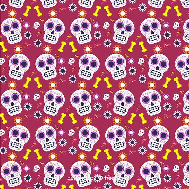 Flat día de muertos red with skulls pattern Free Vector
