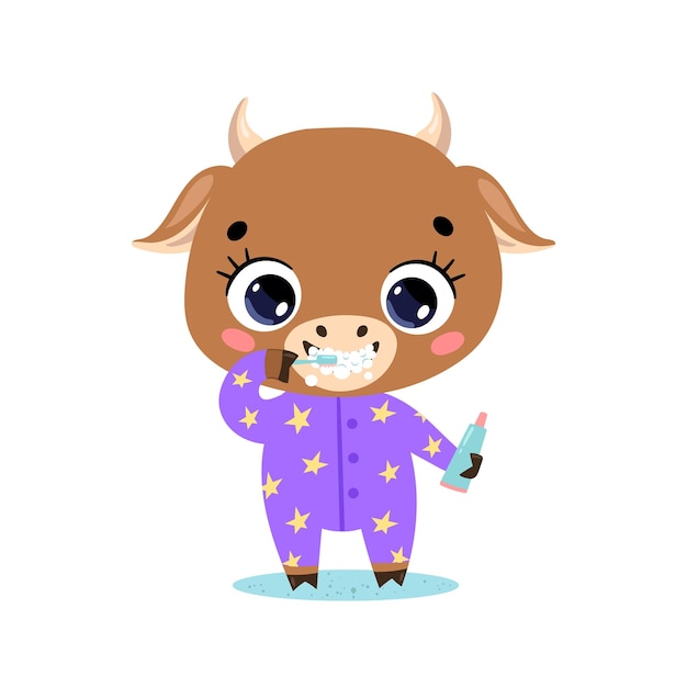 Premium Vector Flat doodle cute cartoon baby cow bull brushing teeth