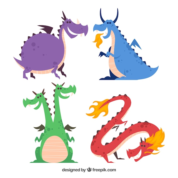 Flat dragon character collection with fun style Vector | Free Download